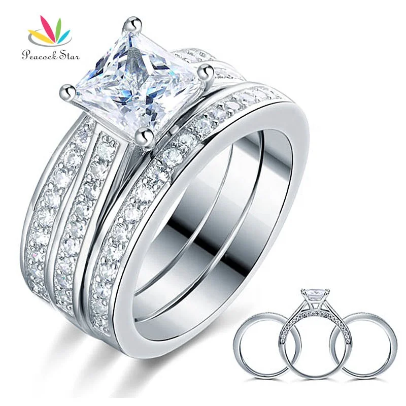 

1.5 Ct Princess Cut Solid 925 Sterling Silver 3-Pcs Engagement Bridal Ring Set Jewelry Accept Drop Shipping, Clear white