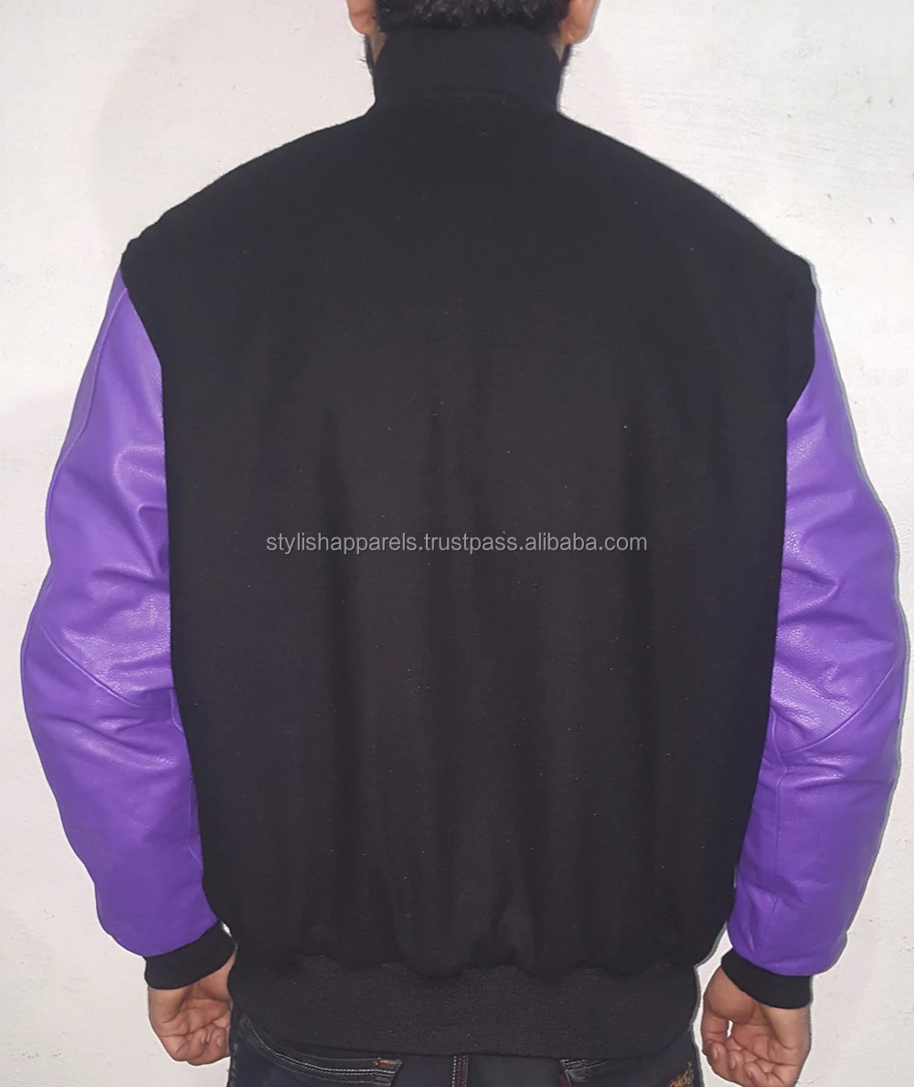 Source Cheap Black with Purple Leather Sleeve Varsity Jacket for Men on  m.