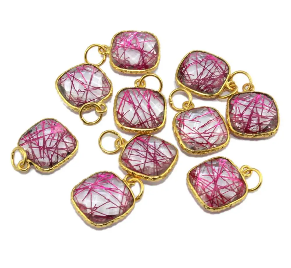 Pink Rutilated Quartz 24k Gold Plated Bezel 12mm Cushion Shape Charm Pendant Handmade Pendants Charms For Jewelry Making Supplie