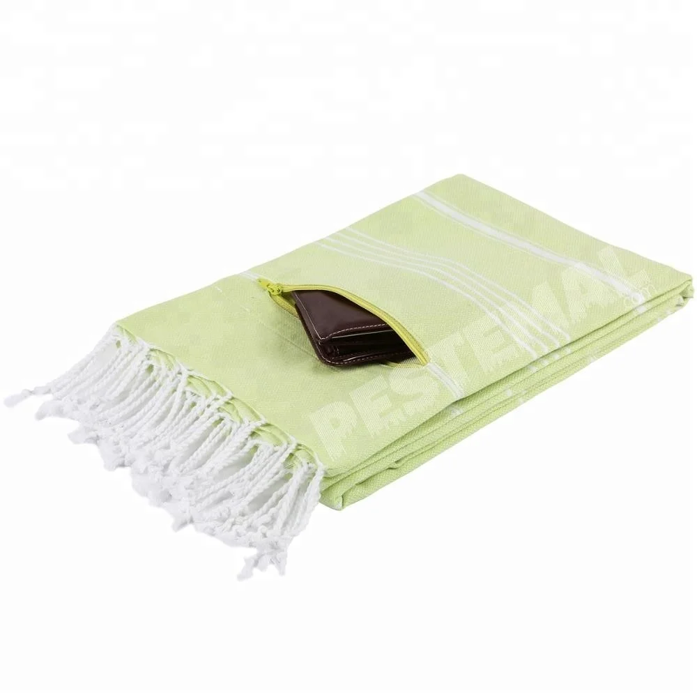 
Multiple Use High-Quality Pestemal Beach Bath Towel with Rare Design and Zipper Pocket for Private Items on Poolside %100 Cotton 