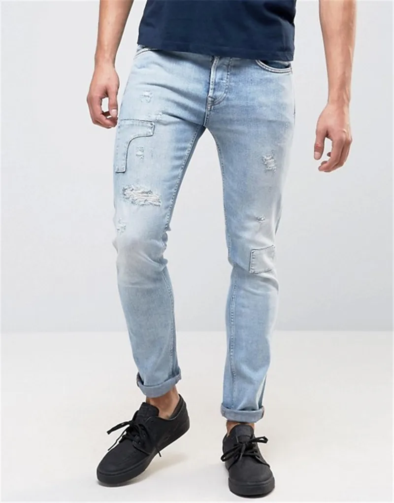 Slim Fit Denim Cotton Distressed Rips Stone Washed Light Blue Patch Men ...