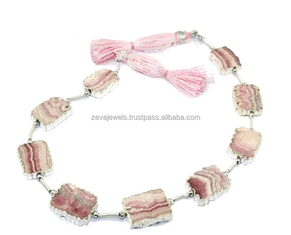 8 Pcs Line Natural Pink Rhodochrosite Slice Silver Electroplated Flat Gemstone 14mm to 19mm drilled Jewelry Making Supplies