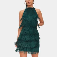 

Green Elegant Tassel Party Dress New Sexy Spaghetti Hanging Neck Open Back Fringe Mini Women Dress Vestido
