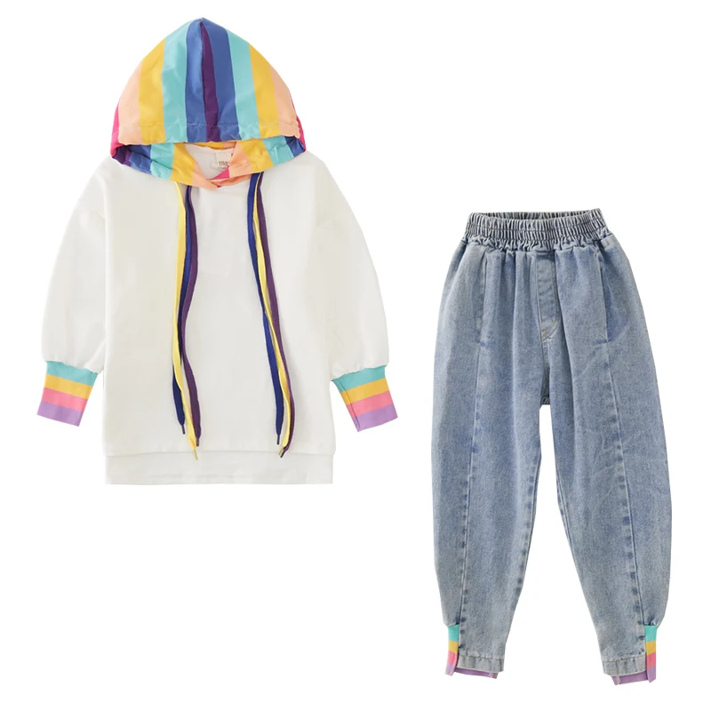 

Wholesale autumn children clothes 100%cotton hoodie jeans kids girls boutique clothing set, White