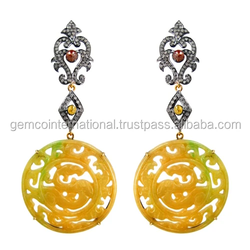 Diamond Gemstone Carved Yellow Jade Carving Earring For Womens Earrings Diamond Gemstone Carved Yellow Jade Carving Earring For Womens Earrings