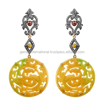Diamond Gemstone Carved Yellow Jade Carving Earring For Womens Diamond Gemstone Carved Yellow Jade Carving Earring For Womens
