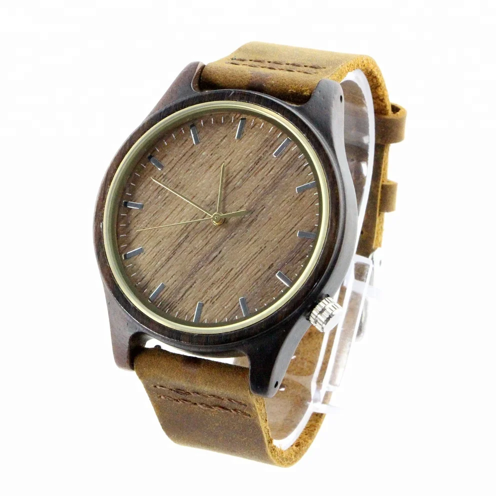 

2018 Wood Watch Tense Ebony Wooden Relojes Quartz Leather OEM Men Watch, Black