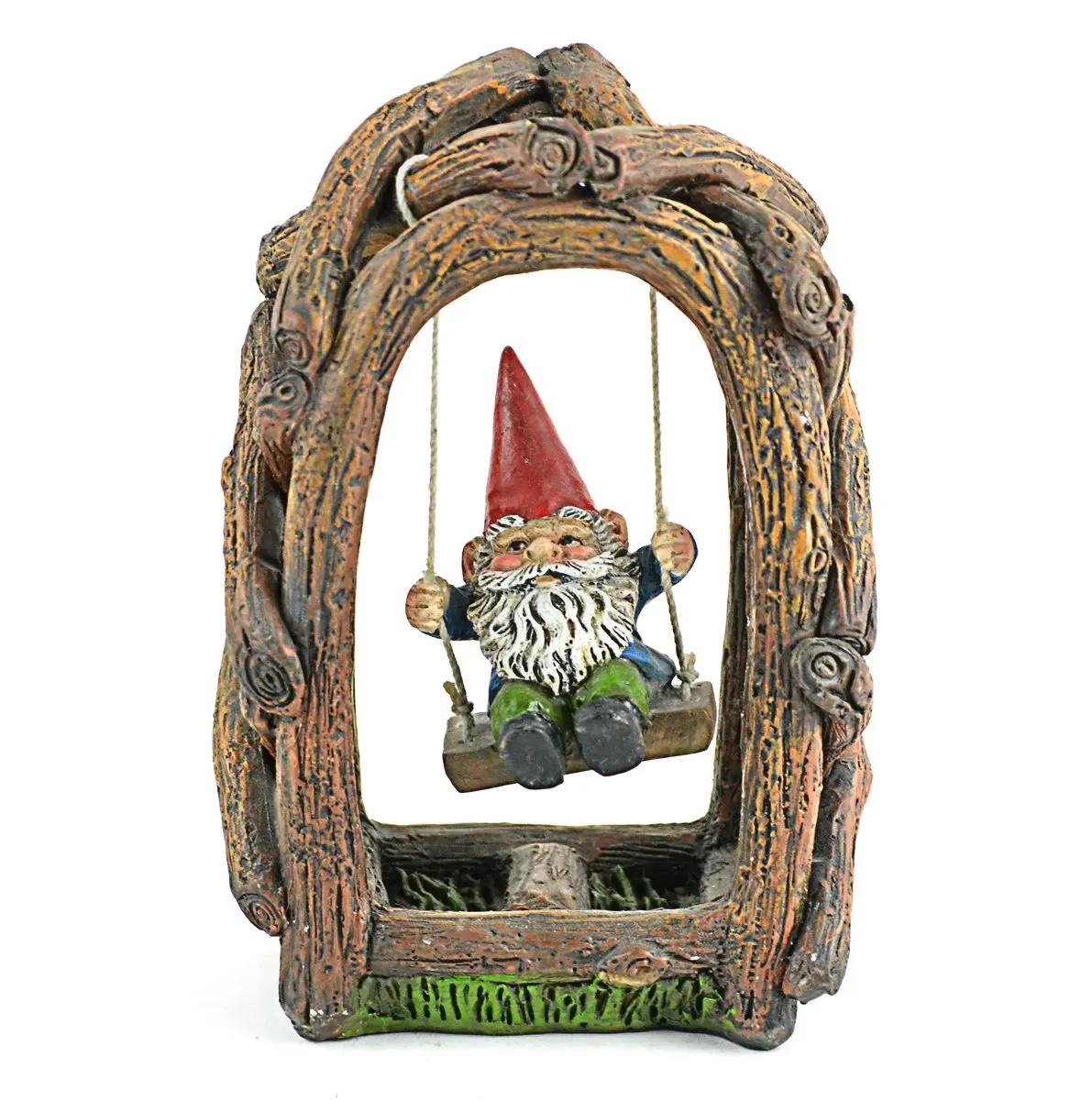Mini Garden Resin Gnome on Swing, 5 x 3.25 inch. 
