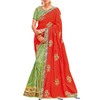 Orange- Lime Green color Designer Traditional Wear Saree with Thread, Zari and Cord Heavy Embroidery work