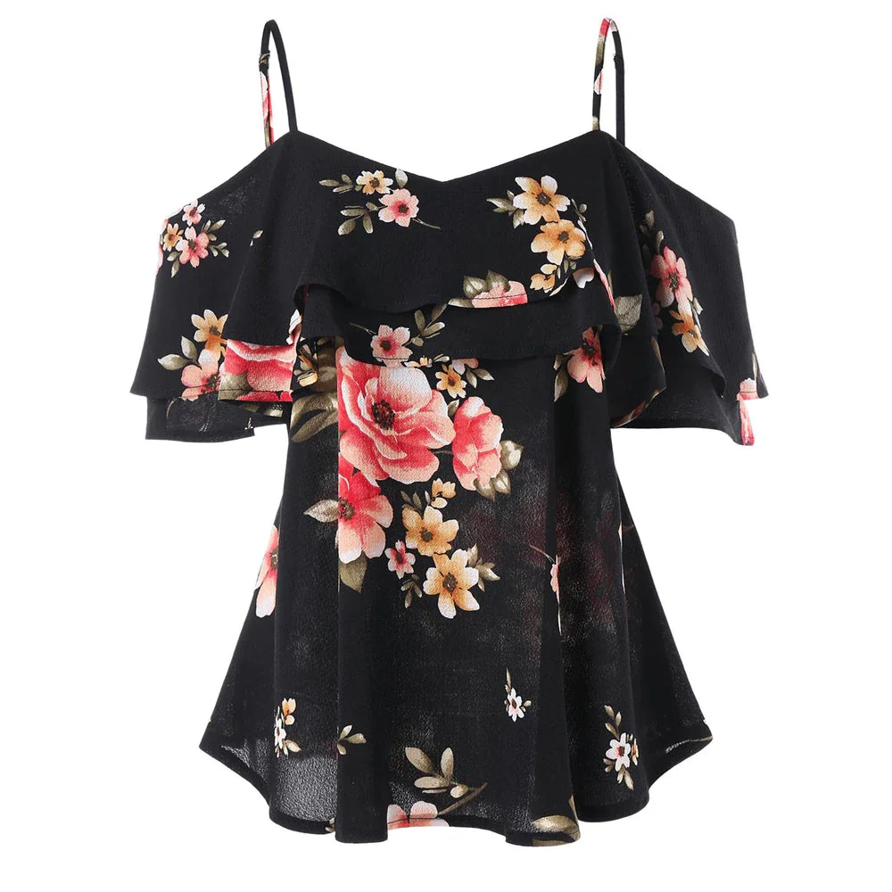 

Summer Sexy Blouse Women Floral Printing Off Shoulder Shirt Sleeveless Loose Casual Blouse Ladies Large Size Tops