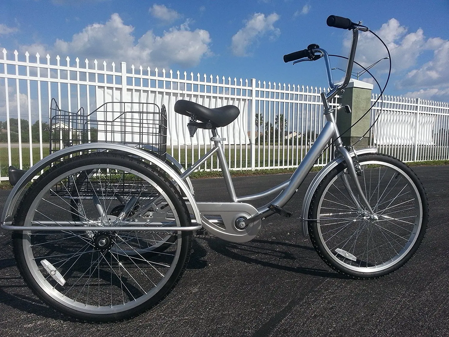 tricycle with basket on back