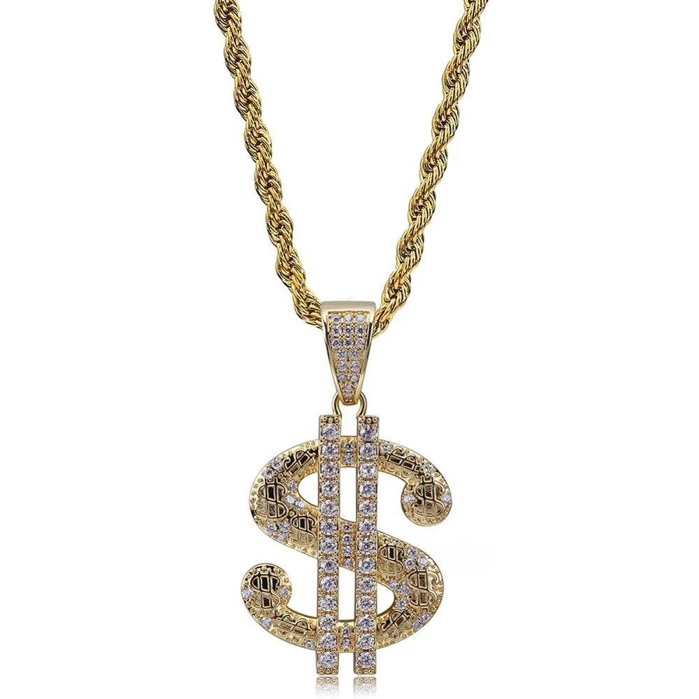 

Diamond CZ Money $ Symbol Necklace Iced Out Solid Back US Dollar Charm Pendant Custom Hip Hop Jewelry, Gold/silver