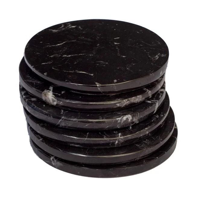 

Black Round Marble Leather Coasters Set of 6 Protect Your Furniture