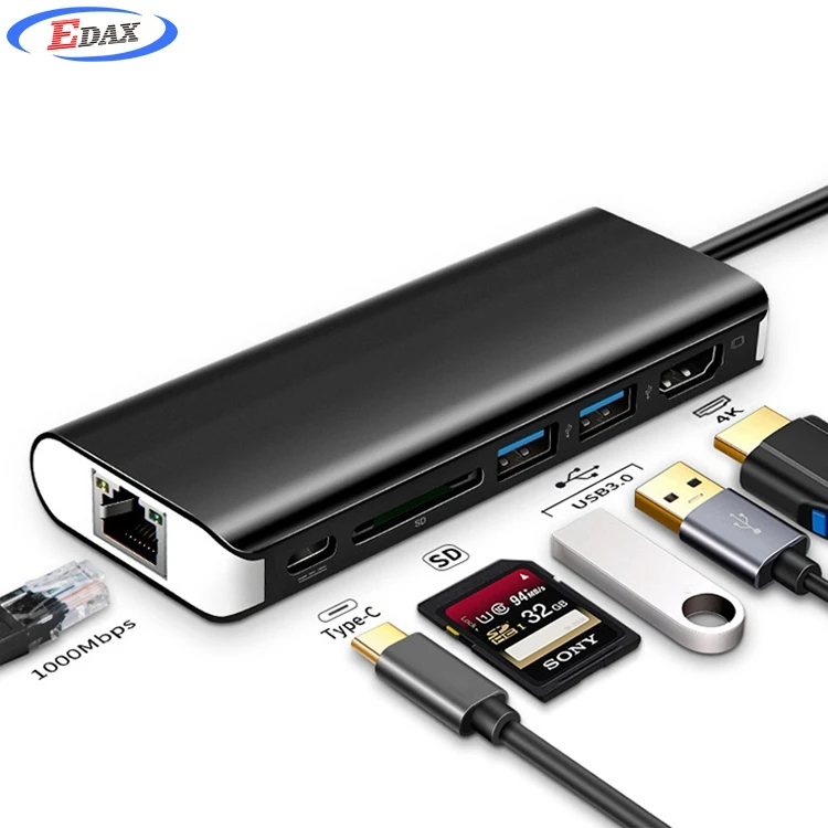 

USB C Hub 6 in 1 with 4K@30Hz HDMI USB3.0 Power Supply Ethernet Network Card Reader SD TF Type C Adapter, Black
