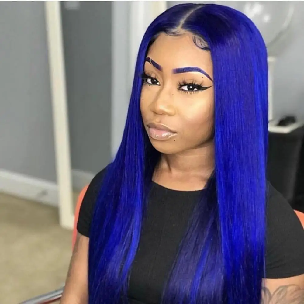 

Good Quality Wholesale Long silky Straight Blue Lace Front Wig with baby hair,pre-plucked hairline and the the bleached hairline