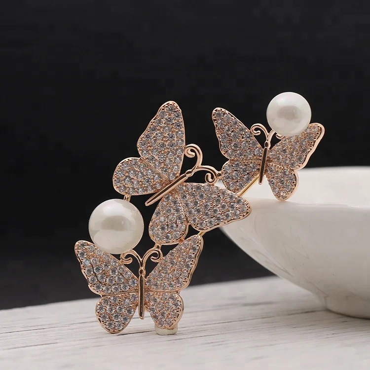 

Fashion Brooch Jewelry Three Small Butterfly Pearl Wedding favor Brooches for Women, Gold/silver