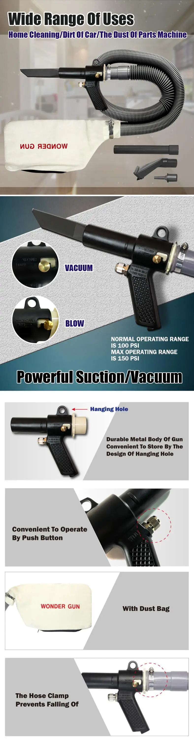 Multiple-use Air Vacuum Blow Gun Pneumatic Home Household Cleaning Kit