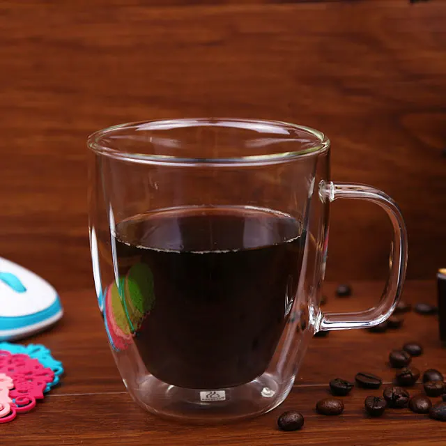 Hot sale double-walled glass Coffee cups with handle to keep warm