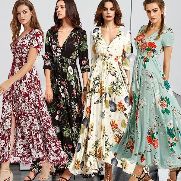 

2021 Summer Women's Elegant V-neck Floral Print Big Swing Bohemian Party Maxi Long Split Dress, As shown