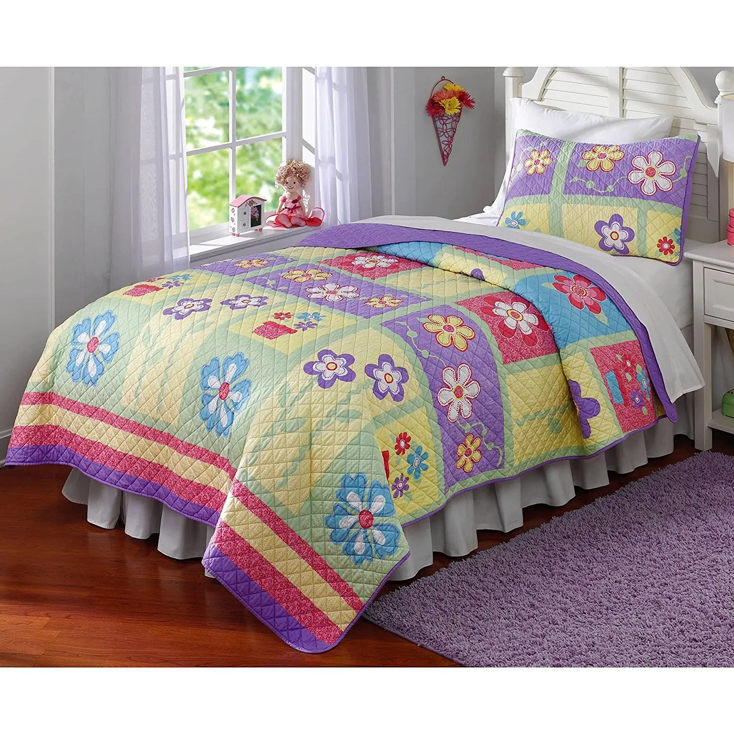 2pc Kids Girls Pink Red Purple Yellow Green Twin Quilt Set, Microfiber, Floral Themed Bedding Flower Bright Daisies Patchwork Cute Adorable Stylish Fun Sweet Pretty Elegant Garden, Cotton