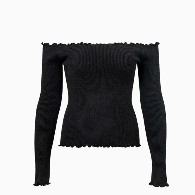 

Lady Women's solid color straight collar slim Long Sleeve sweater top, Black