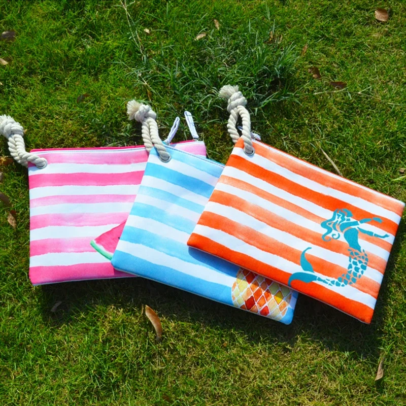 

Women's Wet Bikini Clutch Bag Fashion Stripe Lady's Handbag Flamingo Hemp Rope Waterproof Lining Beach Bags Customize Wholesale