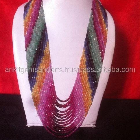 Multi Gem Natural Emerald Ruby Sapphire Necklace Magnificent Rainbow Beads