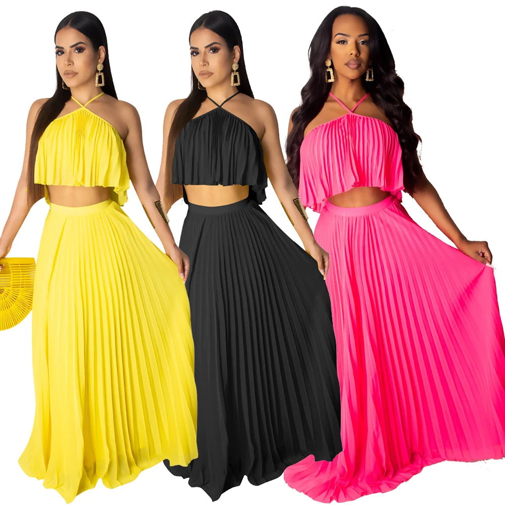 

Trade Assurance 2019 Latest Hot Sell Summer Temperament Chiffon Pleated Two-piece Sexy Dress for Women