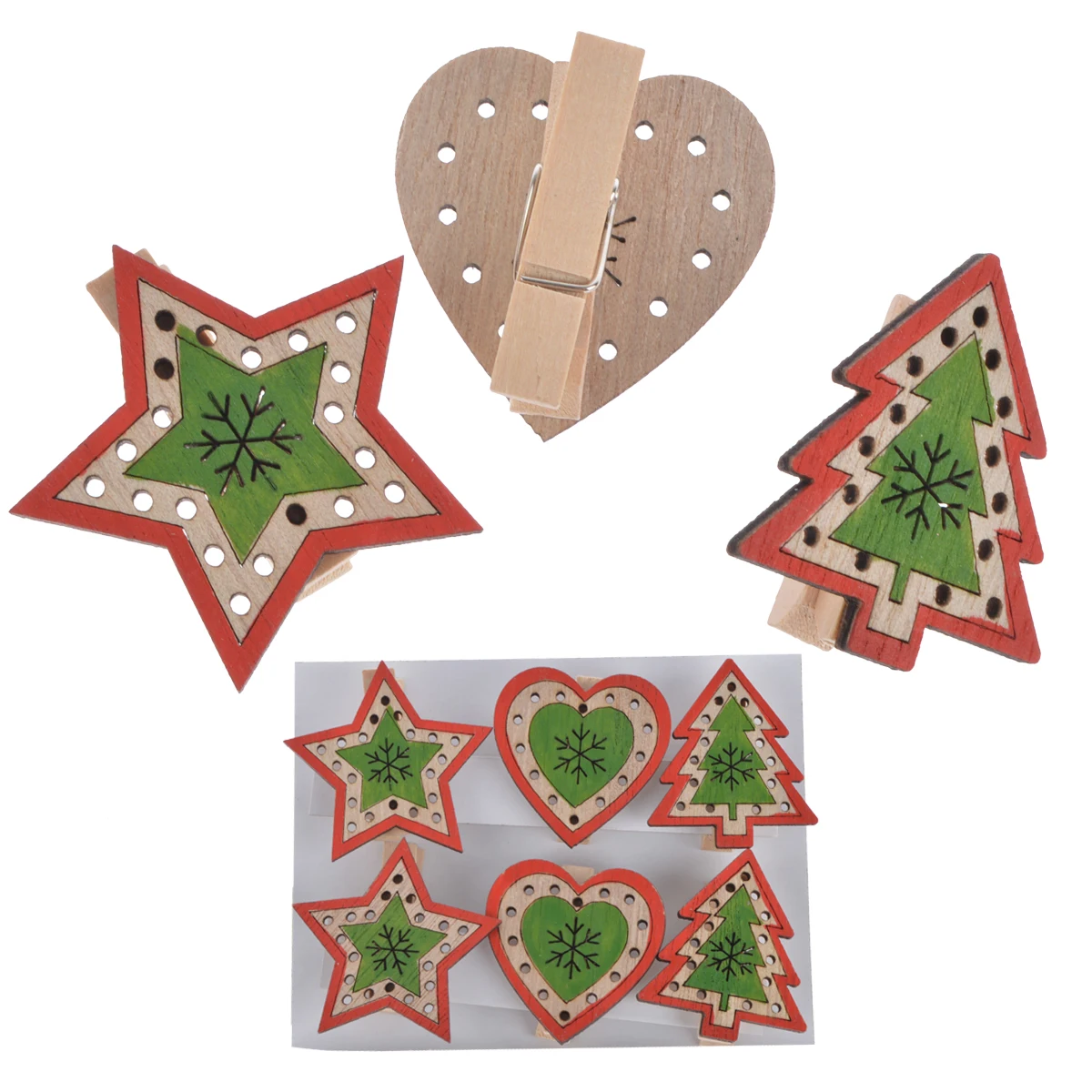 6pcs Mini Christmas Theme Wooden Pegs Paper Clips Star Heart Tree