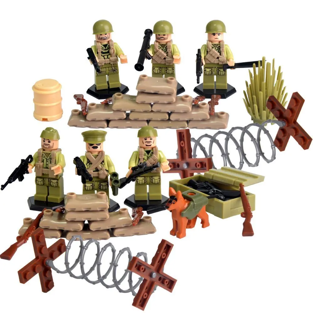 Rikuzo Mini World War II Series US Army Figures Brothers Team Marine Corps With Battlefield Weapons Accessories 100% Compatible Building Blocks Toys Set