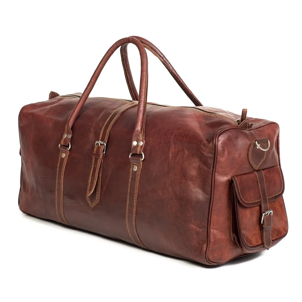
Luxury Black leather travel duffle bag vintage leather weekender mens duffel bag 