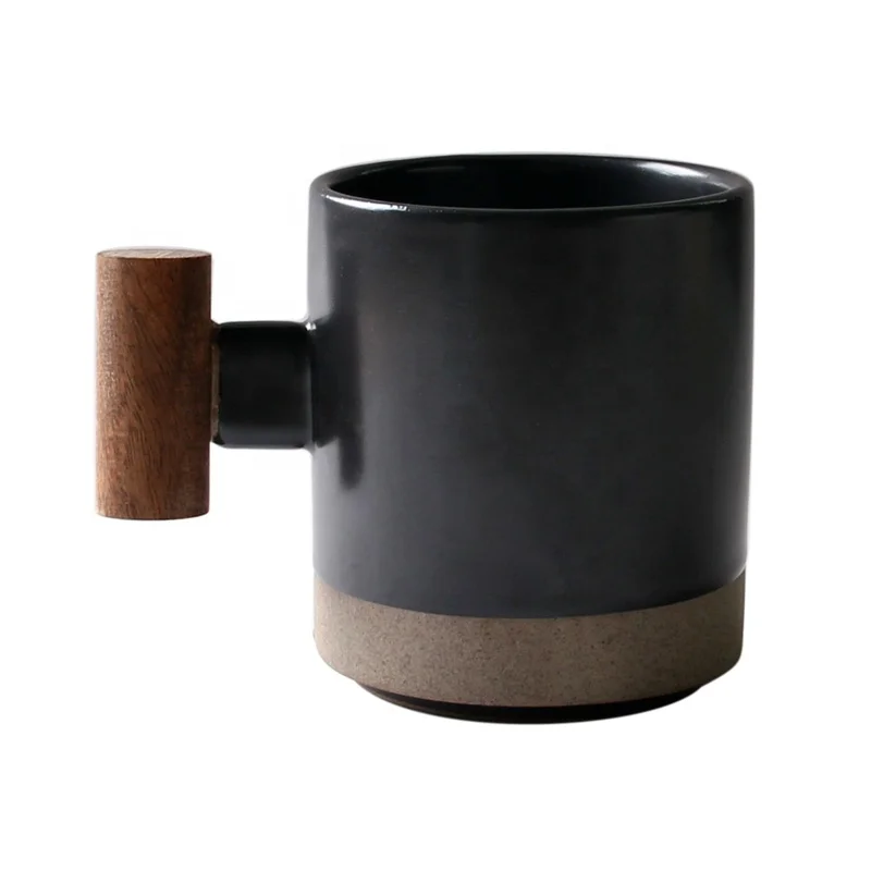 

factory cheap price unique style black white blue color china ceramic coffee mug cup with wood handle