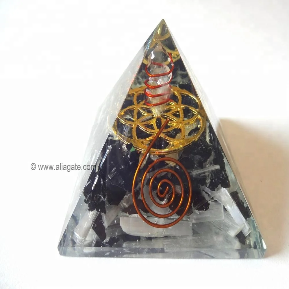 Black Tourmaline and Selenite with Metal Symbol Oregon Pyramid