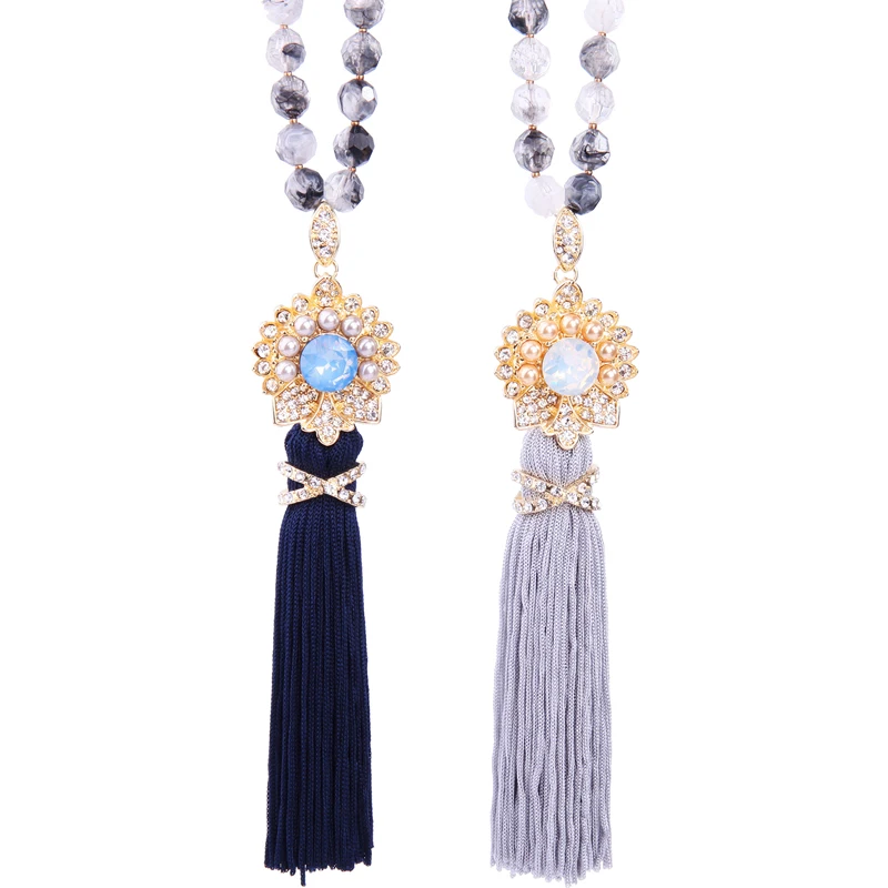 

xl00821c Vintage Gemstone Flower Short Line Tassel Gemstone Beads Necklace Women, As picture