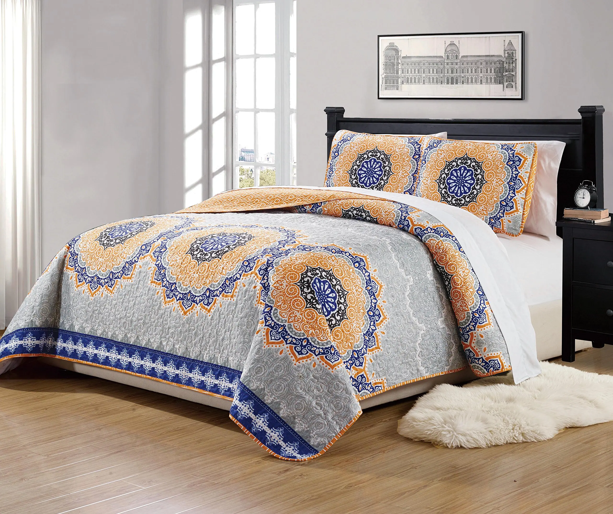 Mk Home 3pc King//California King Oversized Quilted Bedspread Coverlet Set Floral Pattern White Grey Blue New