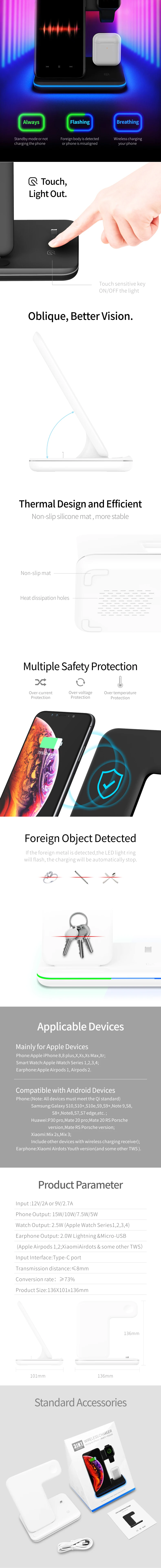 UUTEK Z5 Dropshipping Products 15W Fast Charging 3in1 Wireless Charger for Cellphone Smartwatch Earphone with LED Light