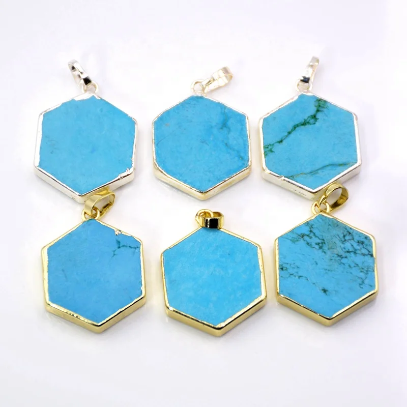 

Fashion Hexagon Howlite Turquoise Pendant Beads gold/Silver Electroplated Blue Charm Pendants Handmade Gemstone Jewelry