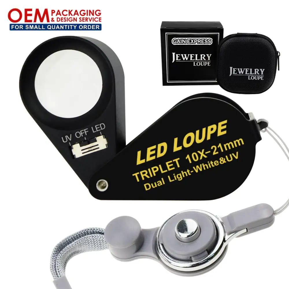 

10x 21mm Loupe Jeweler Magnifier LED UV Light Triplet Lens Gem Optical Tool Achromatic Aplanatic (OEM Packaging Available), Black