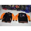 Winter wholesale custom pure orange leather sleeves wool varsity jacket, Wool with genuine leather sleeves