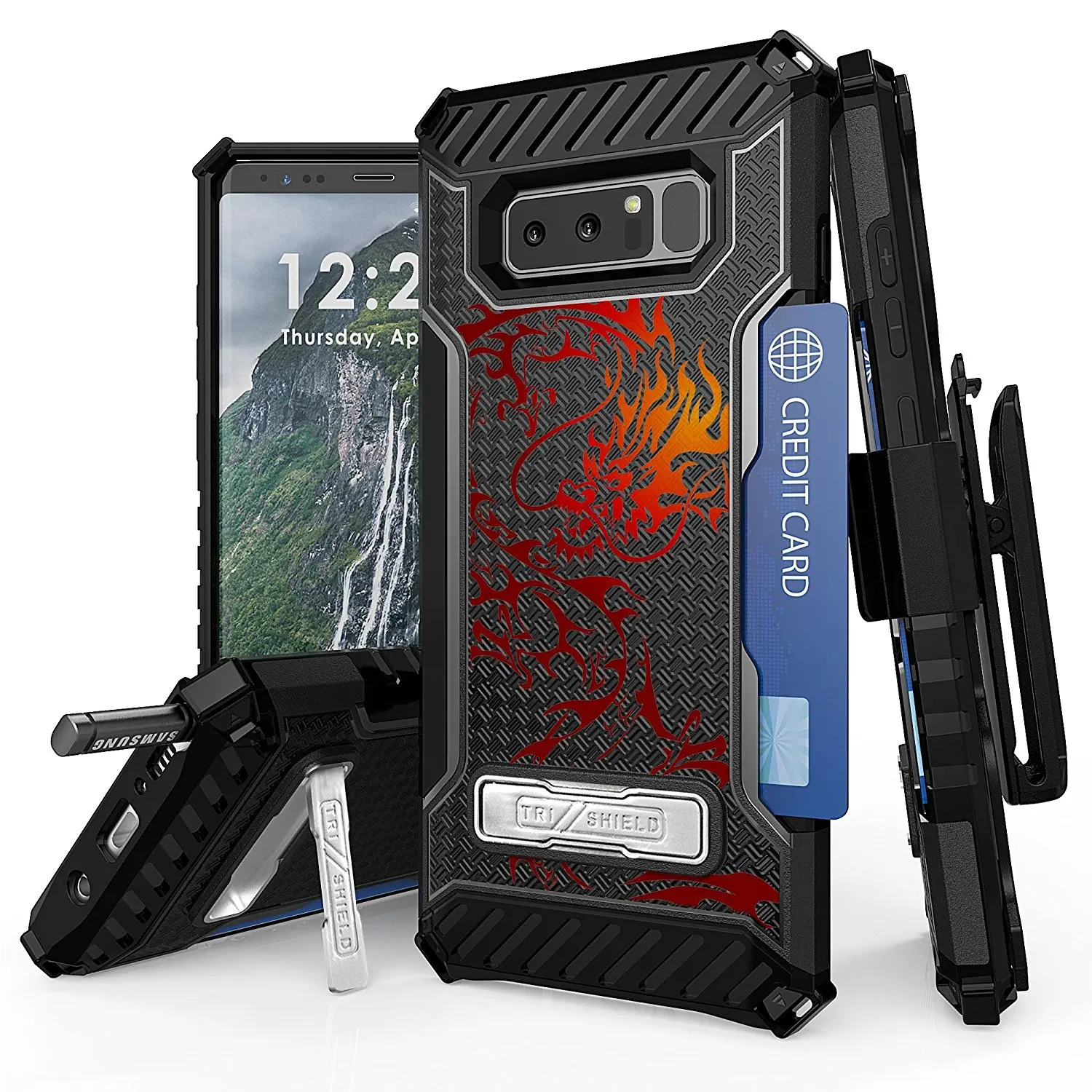 Galaxy Note 8 Case, Spots8 Dual Layer Hybrid Armor Rugged Bumper Protection Phone Cover With Screen Protector Swivel Holster Phone Strap Built in kickstand And Card Slot Tribal Color Dragon