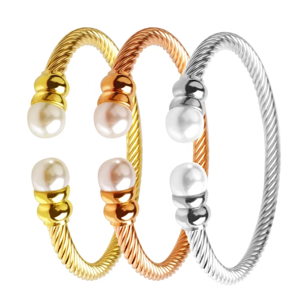 

High Quality Engraved ID Cable Pearl Ladies Stainless Steel Bracelet, Steel/gold/rose gold