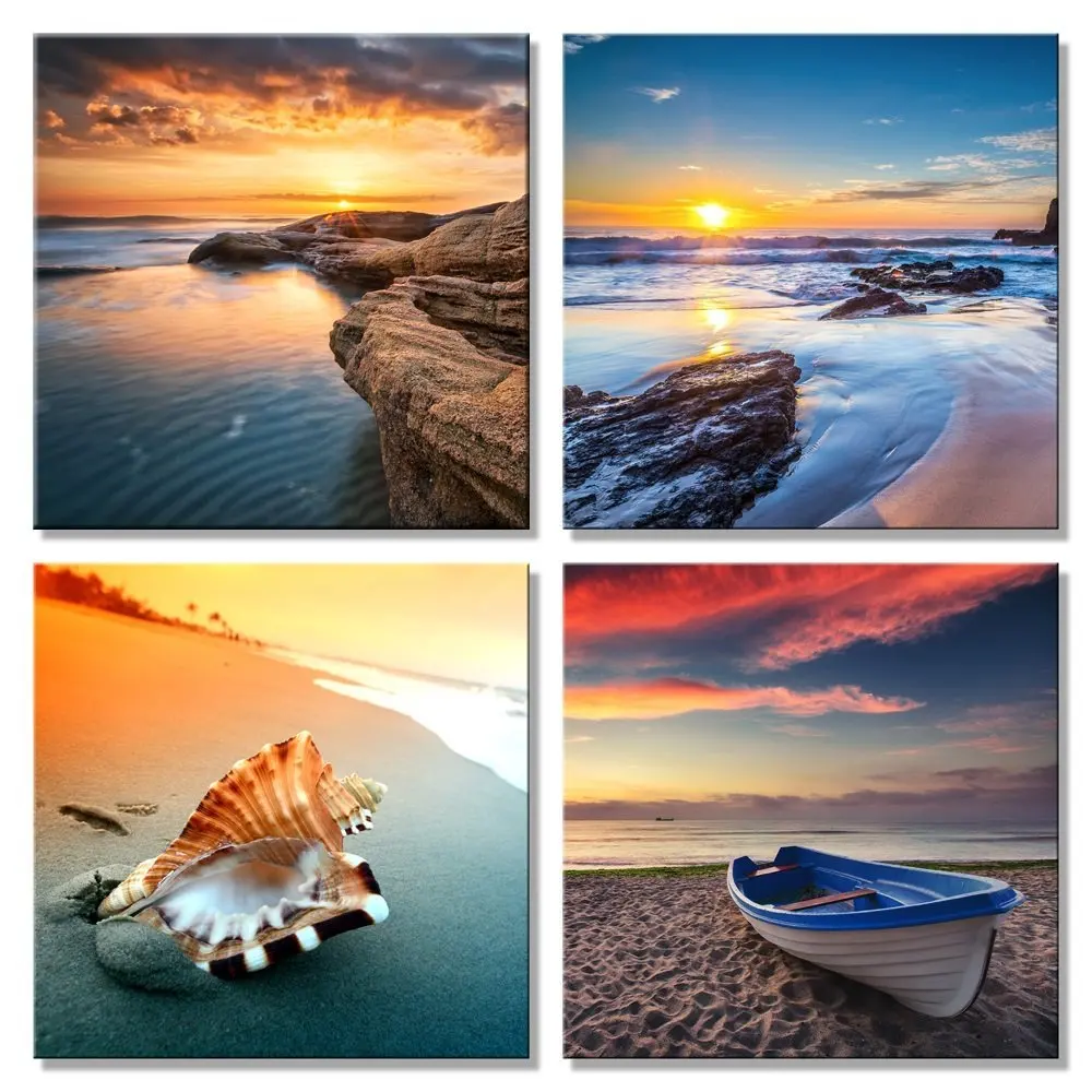 Buy Pyradecor Sunset Sea Beach Modern Seascape Pictures Paintings on Canvas Wall Art 4 Panels ...