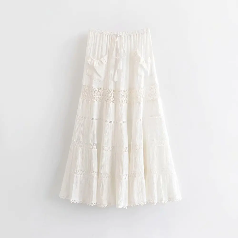 

Spring Summer Rayon Latest White Lace women Long Skirt With Tassel, Ivory