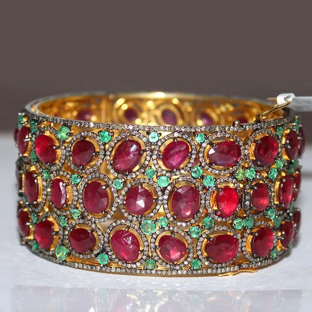 Clear Eyes Skota Emerald Ruby Gemstone 925 Sterling Silver Cuff Bracelet Adjustable 