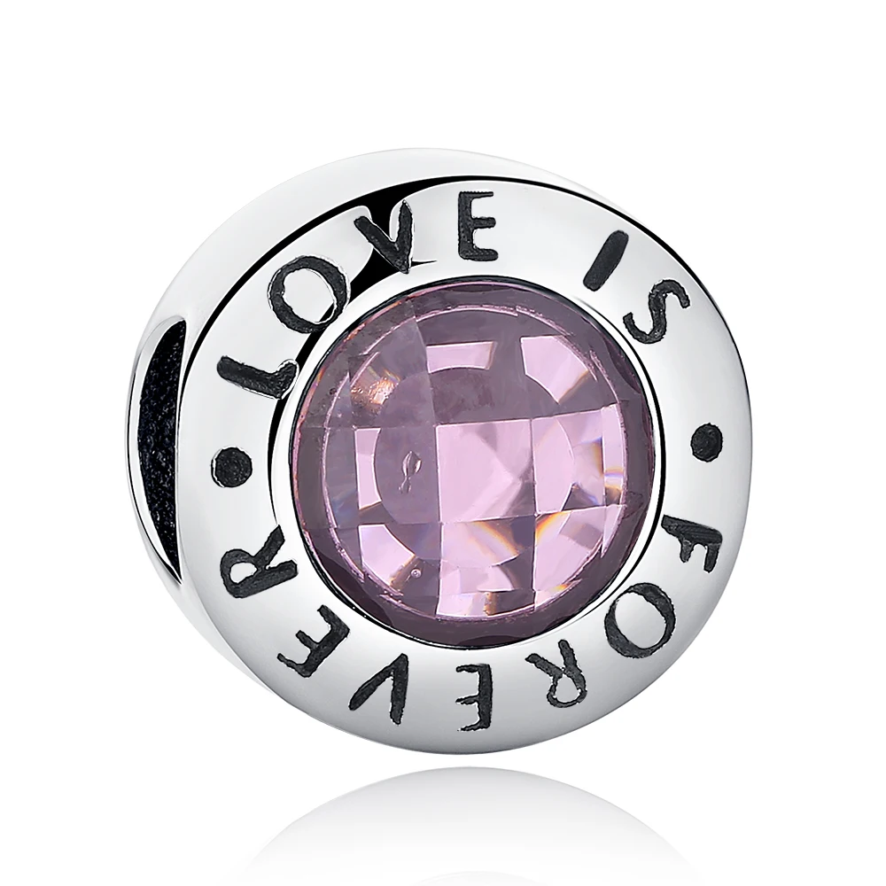 

Real 925 Sterling Silver Charm LOVE IS FOREVER Charm Beads Pink CZ Fit Original Charm Bracelet Authentic Jewelry