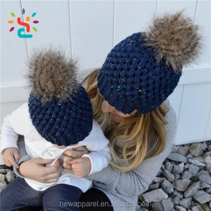 Wholesale Pom Pom Beanies Hat Baby And Mum Family Fold Up Eye Holes