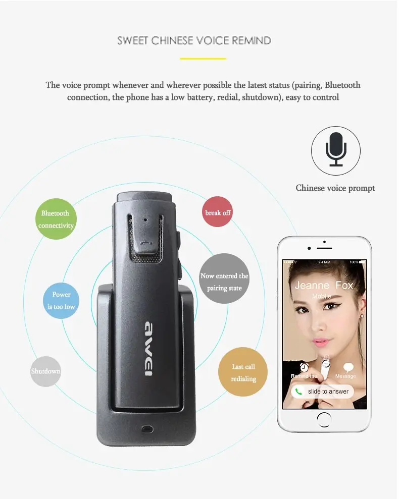 YanDex Awei A833BL Hands Free Car Handsfree BT Earbud Wireless Headphone Auriculares Mini BT Headset Earphone For Phone iPhone