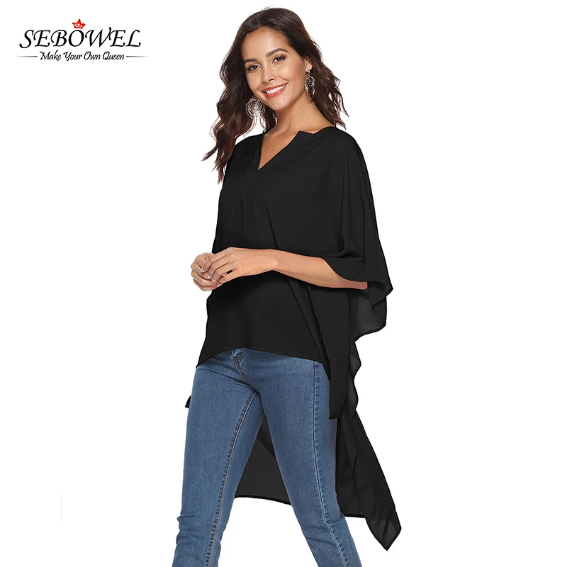 

2019 Summer V Neck Half Sleeve High Low Chiffon Tunic Tops for Women, Shown