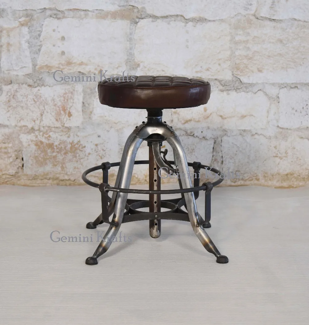 Loft Style Industrial Stool,Vintage Bar Stool With Leather Seat