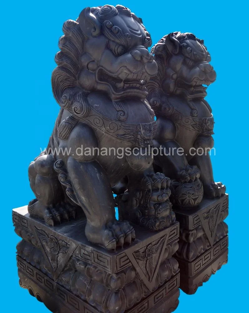 Vietnamese Factory Hand Carved Foo Dog Statue Black Marble Statues Fu